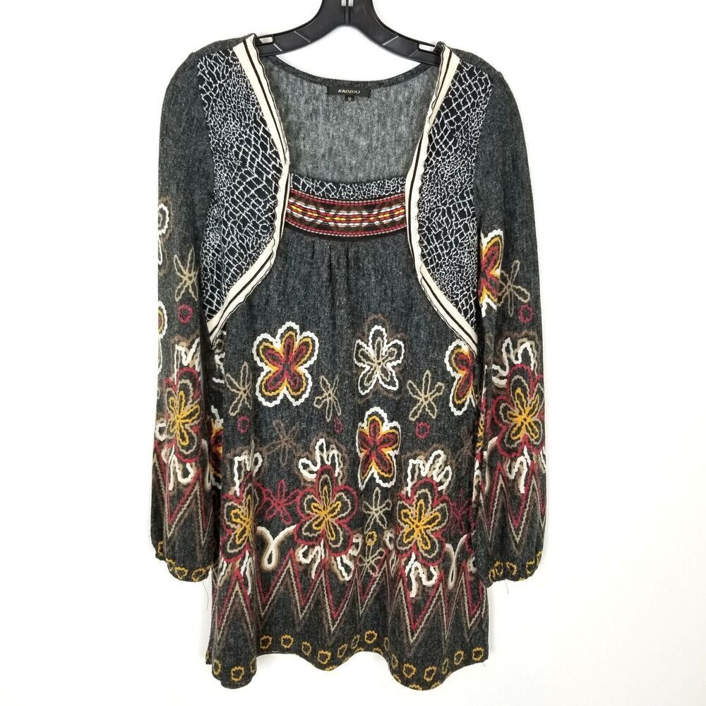 Radzoli Women Floral Long Sleeve Grey Mini Dress Sz M Boho Artsy Multicolor